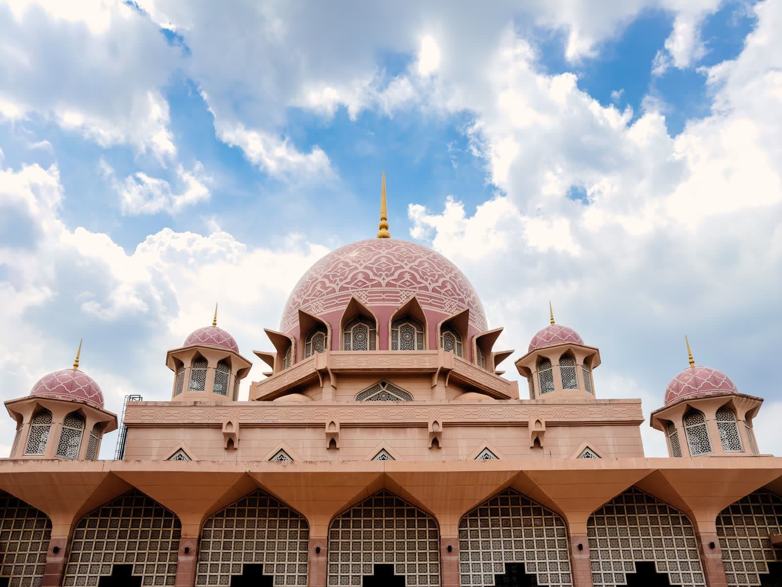 The pink domes and minaret of Putra Mosque in Putrajaya