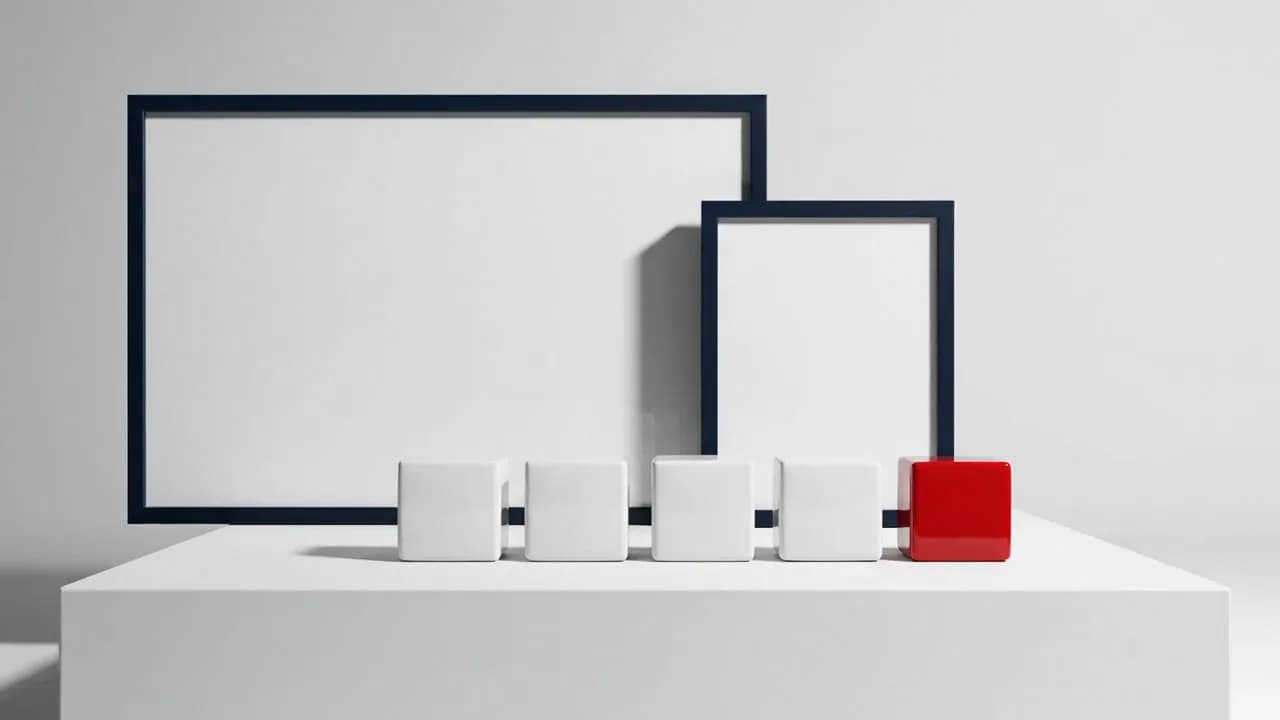 Conceptual desktop and mobile layouts arranged in a white studio