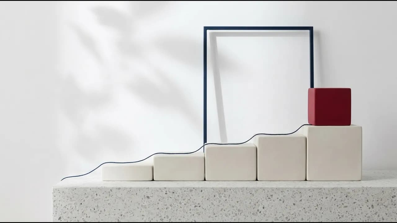 Conceptual white blocks rising in measured steps joined by a navy thread, a crimson block at the top
